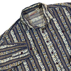 VTG Forelli Women's Blue Floral Stripe Button Up Long Sleeve Shirt Size 26/28